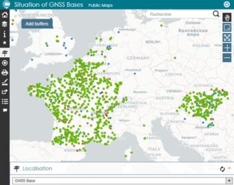 Carte des bases GNSS disponibles sur une partie de l’Europe